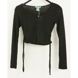 New Good Luck Gem Women's S Black Lightweight Rib Knit V-Neck Side Tie Crop Top
